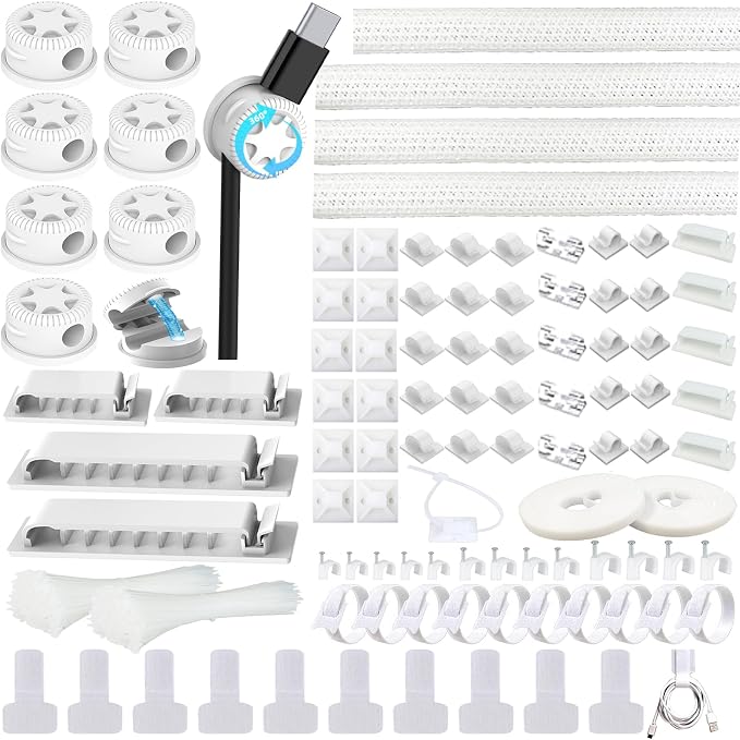 ELII 328Pcs White Cable Management Kit, 8 Magnetic Cable Clips | 69Adhesive Cable Holder,4 Cable Sleeve Split,22Reusable Cable Strap,200 Nylon Cable Zip Ties,25 Zip Tie Mounts, TV Home