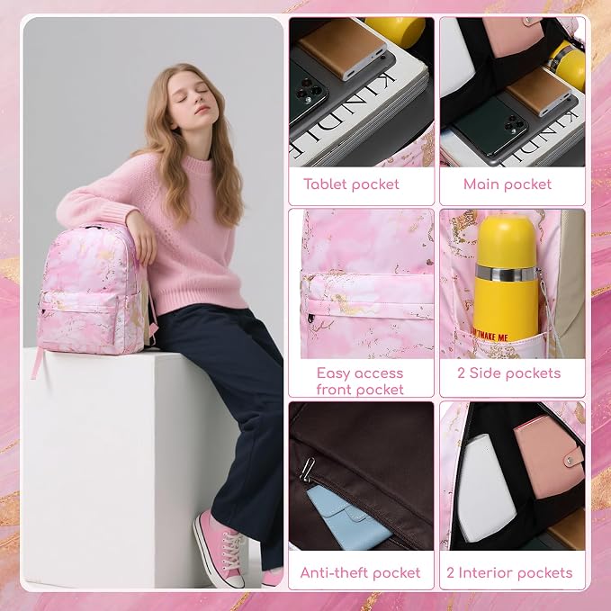 Bluboon Teen Girls School Backpack Kids Bookbag Set with Lunch Box Pencil Case Travel Laptop Backpack Casual Daypacks (Pink)