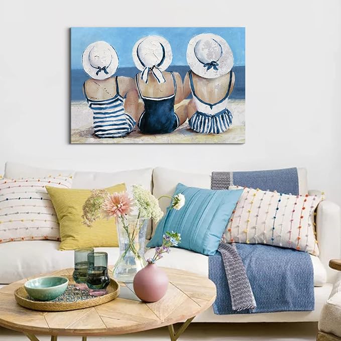 Vintage Beach Wall Art Coastal Bathroom Decor for Girl Navy blue and White Tropical Ocean Seascape Canvas Prints Picture Retro Swimsuit Woman Nautical Artwork for Bedroom Living Room Decoration 24x36"