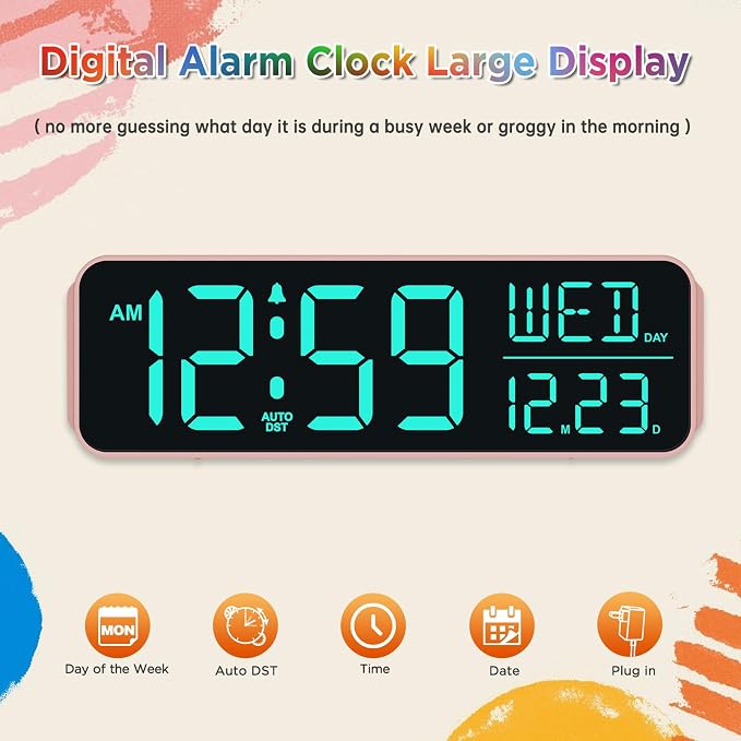 Peakeep Large Display Digital Alarm Clock for Bedroom with Date Day of Week | Colorful Calendar Desk Clocks for Living Room Office Kids, Dimmable Electric Clock Battery Backup, USB Port, Auto DST