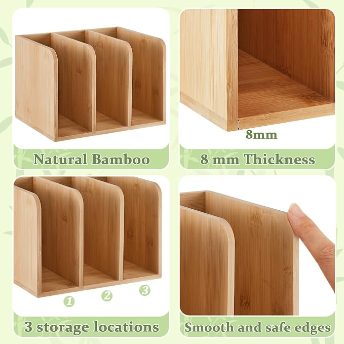 Novabright Bamboo File Magazine Holder Desk Organizer, 3 Vertical Compartments Workspace Sorters for Magazines, Binders, Notebooks, Envelopes