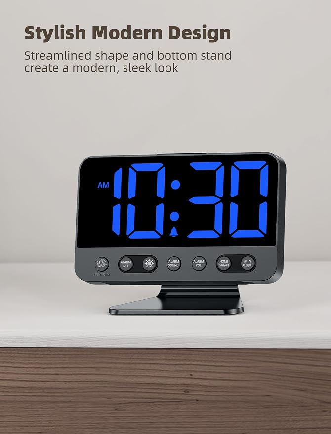 Odokee Digital Alarm Clocks for Bedrooms with Large Bold Number | Electric Desk Clock with Night Light & Brightness Dimmer - Loud Alarm for Heavy Sleepers with Adjustable Volume - Blue