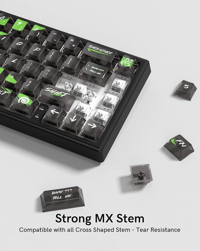 115 Keys Transparent Keycaps with Black Character Cherry Profile Keycaps Set Fit for 60% 65% 75% Cherry Mx Switches Mechanical Keyboard
