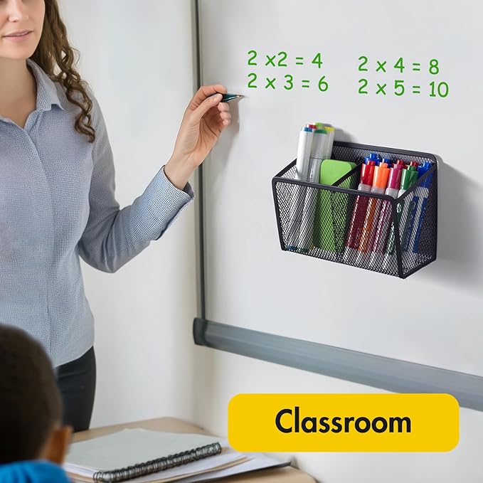 BEYGORM Magnetic Dry Erase Marker Holder for Whiteboard, Mesh Pen & Pencil Holder for Refrigerator, Strong Magnetic Basket for School Locker, Office & Classroom Organizer (Black, 1-Pack)