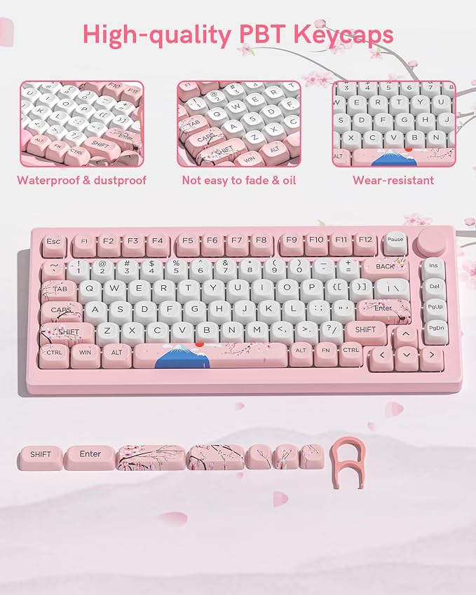 131 Cute Pink Keycaps MOA Cherry Blossom keycap Theme Japanese Keycap Set for Mechanical Keyboard for 61/68/84/87/98/99/100/104/108 Keys,Pink&White(Only Keycap Set)