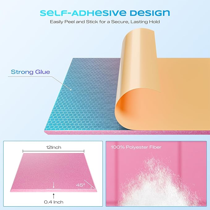 22 Pack Self-Adhesive Acoustic Panels, 12" X 12" X 0.4" High-Density Sound Proof Foam Panels for Walls, Soundproof Wall Panels for Home & Office (Pink)