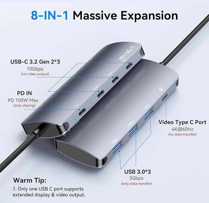 USB C Hub 10Gbps, USB C Splitter with 4K@60Hz Video Output, 100W PD Charging, Data Transfer, USB4 Multiport Dongle Adapter Extender for MacBook Pro/Air, iPad Pro, Dell, HP and More Type C Devices