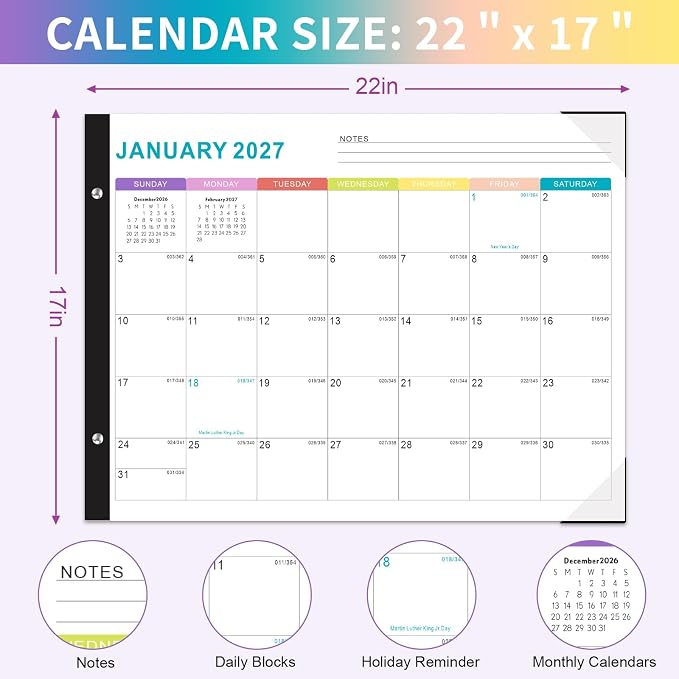Gannyfer Desk Calendar 2026-2027, 18-Month July 2026-Dec 2027, 22" x 17" Large Yearly Desktop Calendar, with Plastic Cover, Corner Protectors, for Office, Home and School (6 Stickers Included)