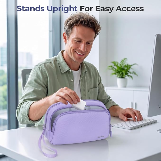 Skycase Travel Cable Organizer - Lightweight Water Resistant Dual-Layer Tech Pouch with Wrist Strap 10 Compartments Electronic Organizer Travel Case for Charger Cord Hard Drive,Medium,Purple