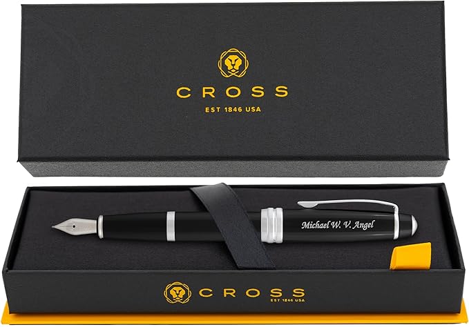Personalized Cross Fountain Pen | Engraved Cross Bailey Black Lacquer Fountain Pen with Silver Trim. Stately Professional Custom Business Gift.