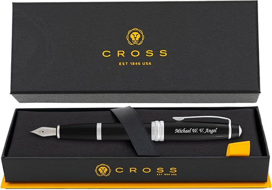 Personalized Cross Fountain Pen | Engraved Cross Bailey Black Lacquer Fountain Pen with Silver Trim. Stately Professional Custom Business Gift.