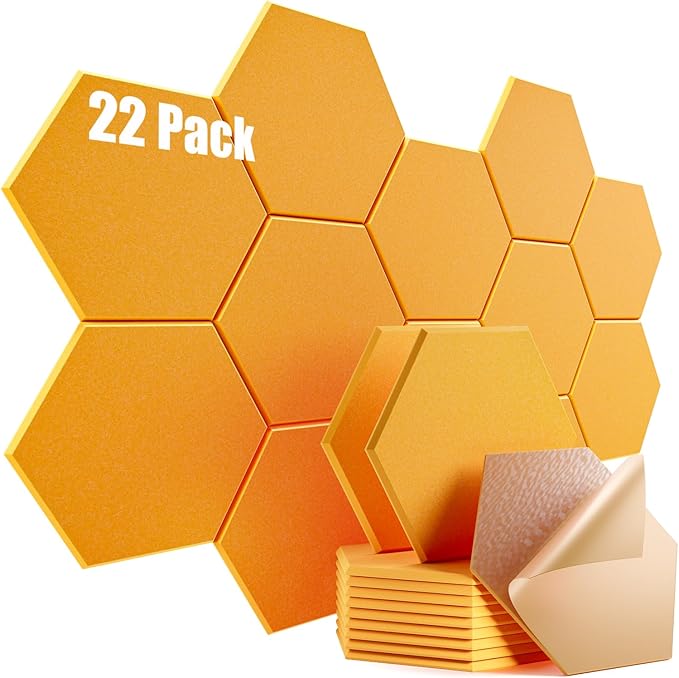22 Pack Self-Adhesive Acoustic Panels 12" X 10" X 0.4" - Sound Proof Foam Panels with High Density, Hexagonal Design, Flame Resistant, Absorb Noise and Eliminate Echoes(Orange Yellow)