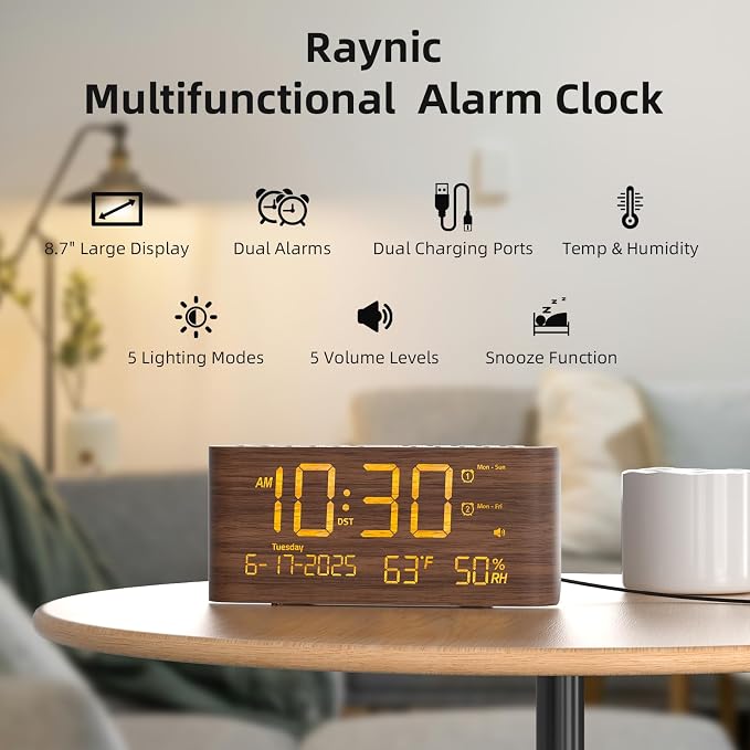 Raynic Digital Alarm Clock, 8.7" Large LED Display, Dual Alarms for Bedroom | USB & Type-C Charging Ports, Temperature & Humidity Display, 5-level Dimmer & Volume, Dark Wood Grain Finish for Home Office