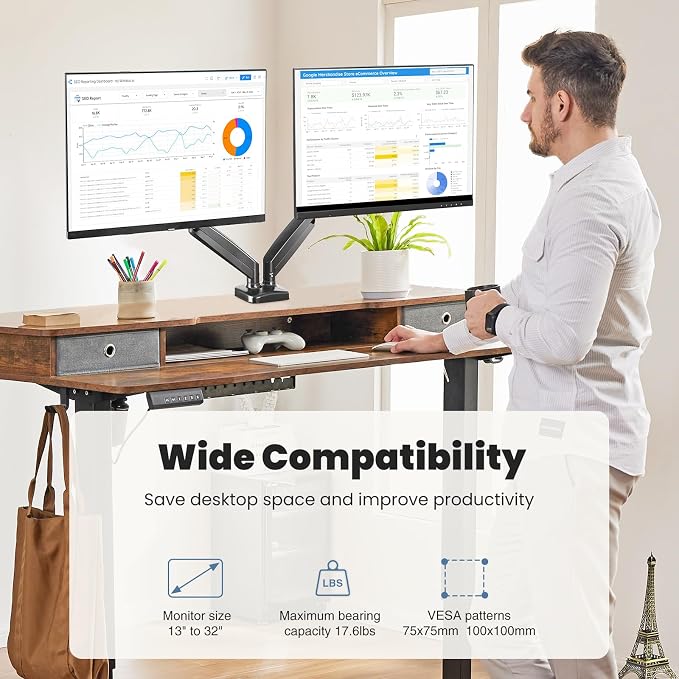 OLIXIS Dual Monitor Mount for Desk, Gas Spring Monitor Arm for 2 Monitors Max 32 Inches, Fully Adjustable Double VESA Mount with C-Clamp/Grommet Base, Holds Screen 17.6 lbs