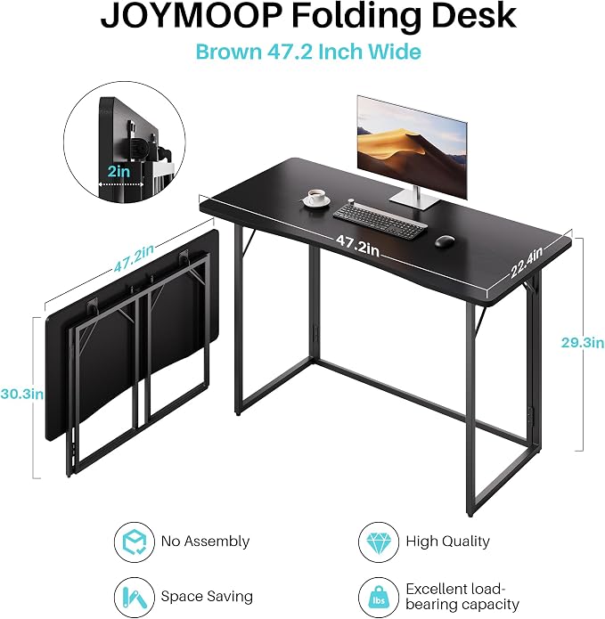 JOYMOOP Black 47.2" Folding Desk, No Assembly Small Foldable Desk for Home, Office, Wooden Top Folding Computer Desk for Working, Writing, Studying - Large Size