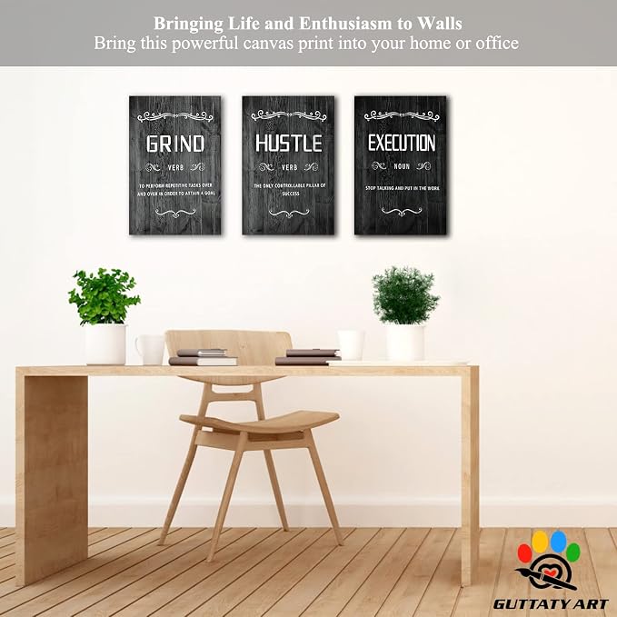 Office Wall Art - 3 Panel Motivational Wall Art, Inspirational Quotes Canvas Art for Home Office Wall Decor, Positive Quotes Wall Decor, Entrepreneur Grind Hustle Execution Poster Frame (12”x18”x3Pcs)