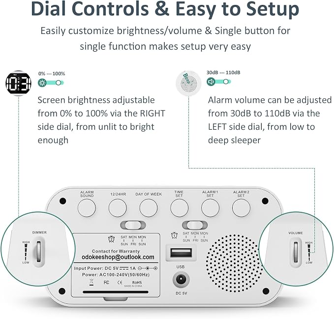 Odokee Digital Dual Alarm Clock for Bedroom, Easy to Set, 0-100% Dimmer, USB Charger, 5 Sound Adjustable Volume, Weekday/Weekend Mode, Snooze, 12/24Hr, Battery Backup, Compact Clock for Bedside(White) | Easy to Set Alarm Clock with Weekday/Weekend Mode...
