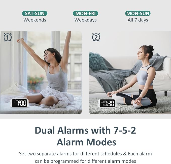 Odokee Digital Dual Alarm Clock for Bedroom, Easy to Set, 0-100% Dimmer, USB Charger, 5 Sound Adjustable Volume, Weekday/Weekend Mode, Snooze, 12/24Hr, Battery Backup, Compact Clock for Bedside(White) | Easy to Set Alarm Clock with Weekday/Weekend Mode...