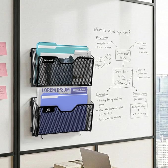 6 Pack Magnetic File Holder Wall File Organizer with Label Panel and 2 Hooks Magnetic Paper Mail Holder for File Office, Cabinets and Whiteboard, Black