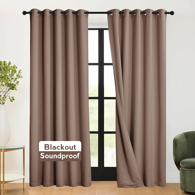 RYB HOME 3-in-1 Soundproof - Blackout - Thermal Insulation Living Room Divider Curtains, Large Bay Window Curtains for Bedroom Theatre Office Backdrop, Mocha, W 62 x L 84 inches, 2 Panels