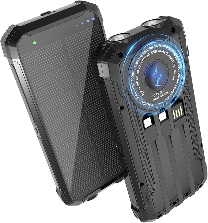 Nuynix Solar Power Bank 20000mAh, Wireless Fast Charger with 3 Built-in Cables, USB-C Output Portable Battery Pack, Dual Flashlights Power Bank for iPhone 17 16 15 14, Samsung Galaxy, Camping