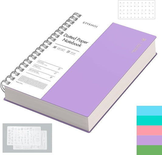 EMSHOI Dotted Journal Spiral Notebook, 300 Pages, B5 Large 7.48"x10.15", 100 GSM Thick Paper, Flexible Plastic Cover, 5mm Dot Grid Notebook for Journaling, Planning, Drawing, Writing, Purple