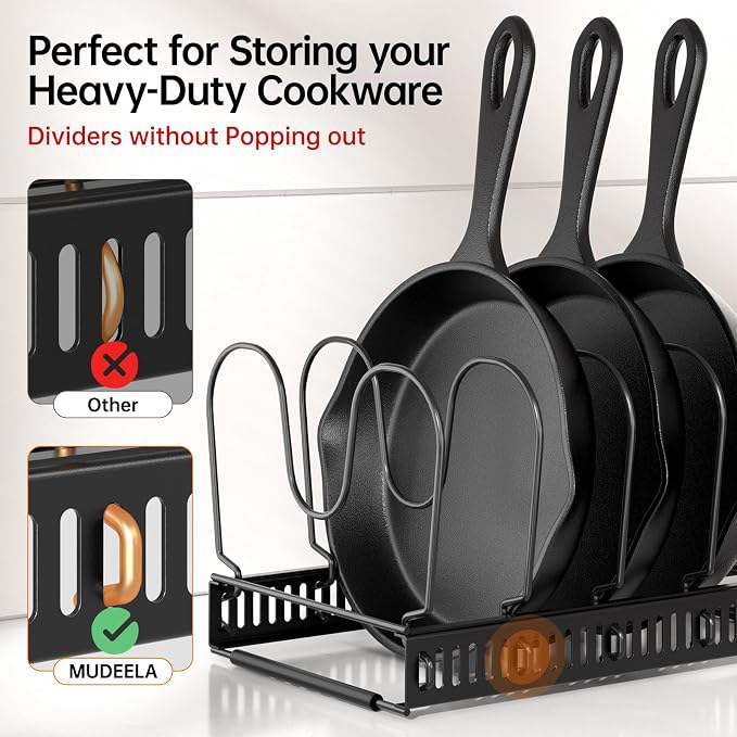 MUDEELA Expandable Pot Pan Lid Organizers inside Cabinet, 12 Divider-Black | Expandable 11.8–22.9", 12 Adjustable Divider, Tool-Free Assembly, Non-Slip, Scratch-Proof, For Pan Lid Cutting Board Bakeware