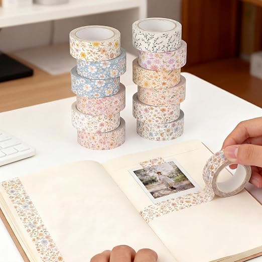 12 Rolls Watercolor Floral Washi Tape Set 15 mm Vintage Flower Decorative Masking Tape for Summer School Arts DIY Craft Scrapbook Journal Supplies Gifts(Vintage,Little Flowers)