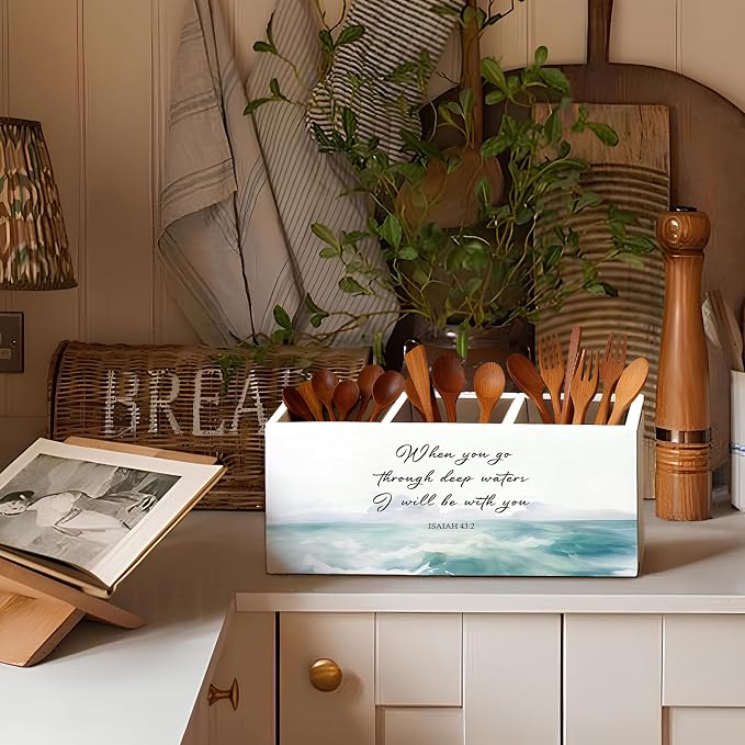Christian Pen Holder, Christian Gifts for Women Pencil Holder for Desk, Beach Office Decor, Religious Bible Verse Coastal Ocean Wooden Box Sign Decorations for Home Office Desk Tabletop