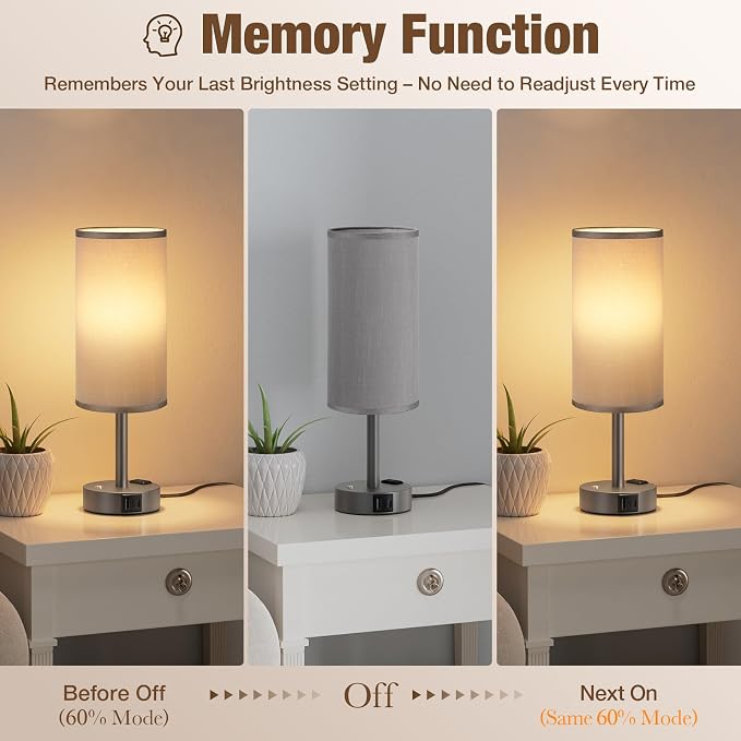 Touch Bedside Table Lamp with Memory - Stepless Dimmable Lamp for Bedroom, Small Nightstand Lamp with Dual USB Charging Ports and AC Outlet, Wood Night Light, Desk Lamp for Nursery (Grey & Grey)