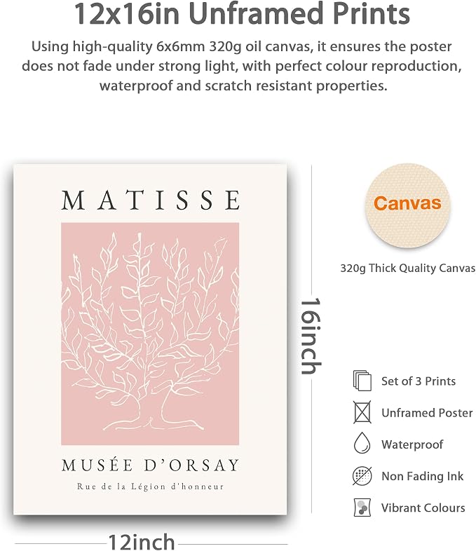 HesenDot Unframed Pink Wall Art Set of 3,12x16in Matisse Canvas Prints,Abstract Botanical Wall Decor Posters,Minimalist Modern Home Decoration for Living Room Bedroom Office, Unframed