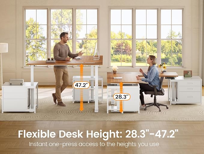 SEDETA 63" L Shaped Electric Standing Desk, Height Adjustable Corner Desk with 7 Fabric Storage Drawers & Power Outlet, 3 Memory Heights, 200lbs Capacity for Home Office Gaming, White + Brown