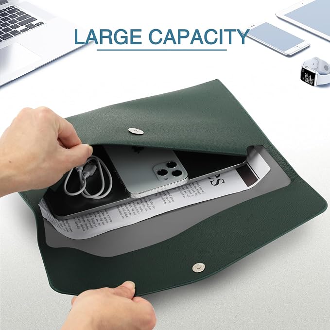FYY File Folder, PU Leather A4 Document Holder File Organizer Filing Envelope Portfolio Case Tablet Sleeve with Magnetic Snap Closure for Home School Office Stationery Green