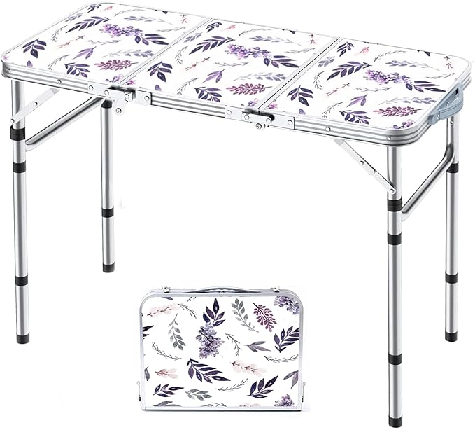 Yriuat Folding Camping Table 3ft Portable Picnic Table Adjustable Height Small Card Table Aluminum Foldable Lightweight with Carry Handle for Outdoor Indoor Hiking Camp BBQ Beach (Misty Lilac)