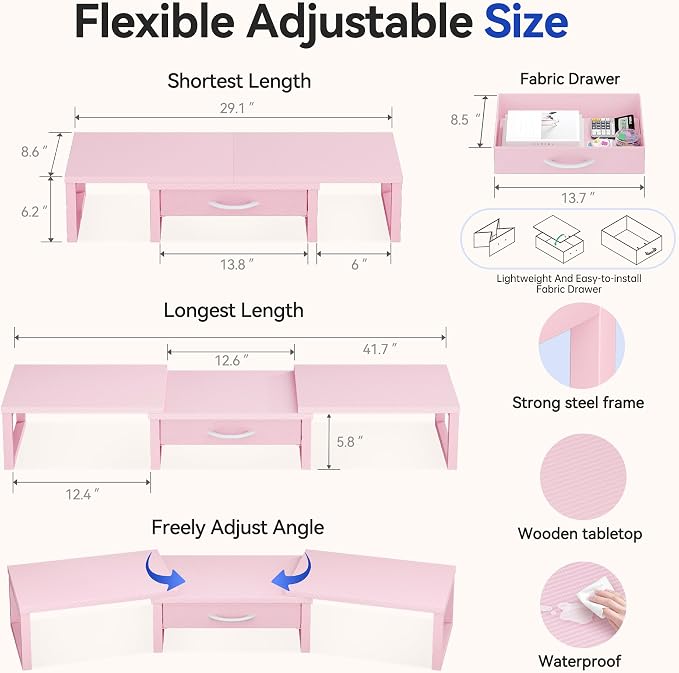Desk Organizers and Accessories, Dual Monitor Stand Riser with Drawer, Computer Monitor Stand, Adjustable Desk Shelf for PC Laptop Printer TV, Pink