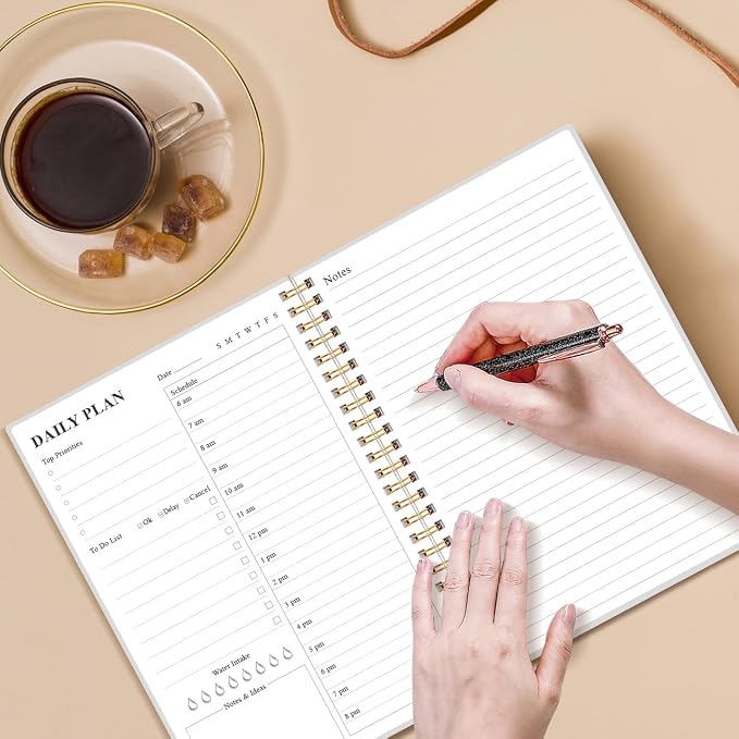Daily Planner Undated - A5 To Do List Notebook Hourly Schedules, Spiral Appointment Planner for Women and Men, PVC Hardcover, Inner Pocket, Elastic Closure, 5.8" x 8.3", Blue Leaf Flower