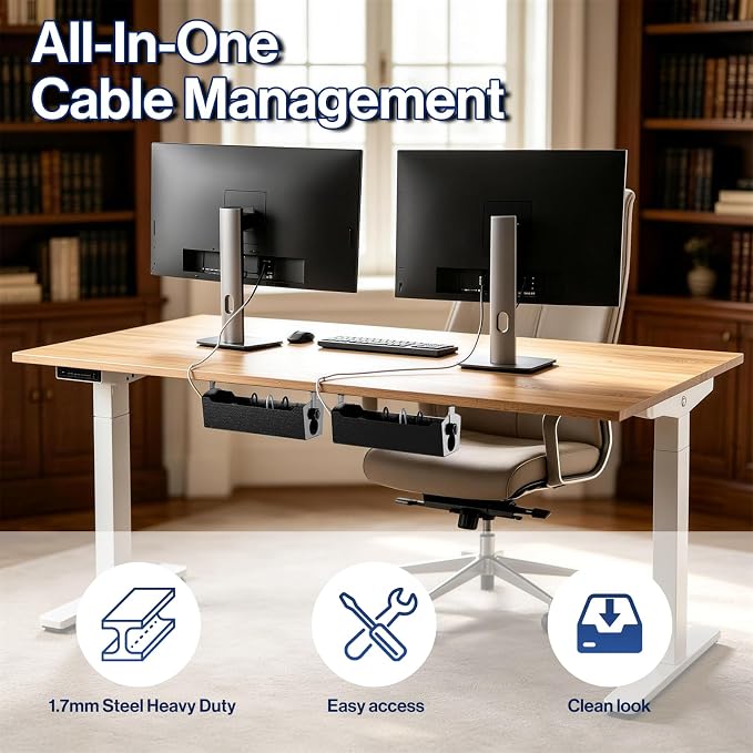 POCHAR Under Desk Cable Management Tray, 15" Power Strip Holder | Heavy Duty 1.7mm Steel Wire Organizer with 9-Cord Routing Openings, Screw Mount Cord Management for Standing Desk Home Office