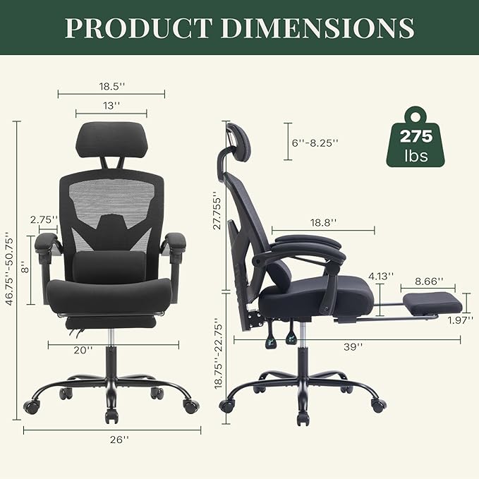 Ergonomic Office Chair with Footrest, High Back Home Desk Chair with Lumbar Support & Headrest, 90-135° Reclining Mesh Back Computer Chair with Wheels for Work, Gaming, Black