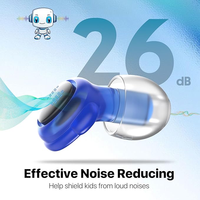 Kids Ear Plugs for 6-12 Yrs with Lanyard, 26dB Reusable Noise Relief Earplugs for Child/Adult with Tiny Ear, Hearing Protection for Noise Sensitivity, Socializing, Sleep, Focus, 4 Sizes Tips in XS-L,B