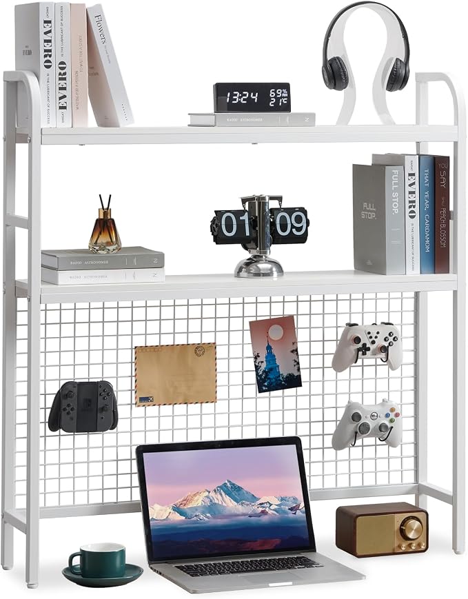 Desk Shelf, 36.8” Desktop Organizer Shelf with Grid Panel and Hooks, Desk Hutch for Computer Monitor, 2 Tier Desk Display Rack Wood Desktop Bookshelf Storage for Home Office Dorm