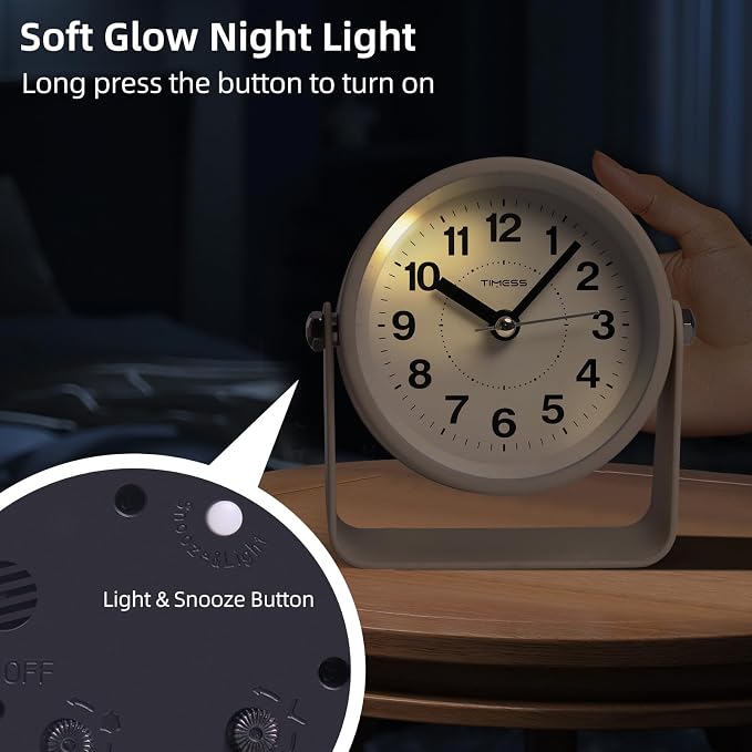 TIMESS Analog Alarm Clock with Snooze & Light, Silent Non-Ticking, Yellow | On-demand light, quartz movement, battery operated, easy to set, gentle wake alarm, bedside clock for home, travel, or office