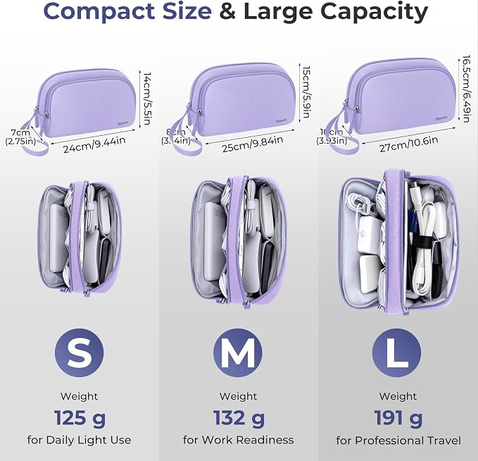 Skycase Travel Cable Organizer - Lightweight Water Resistant Dual-Layer Tech Pouch with Wrist Strap 11 Compartments Electronic Organizer Travel Case for Charger Cord Hard Drive,Large,Purple