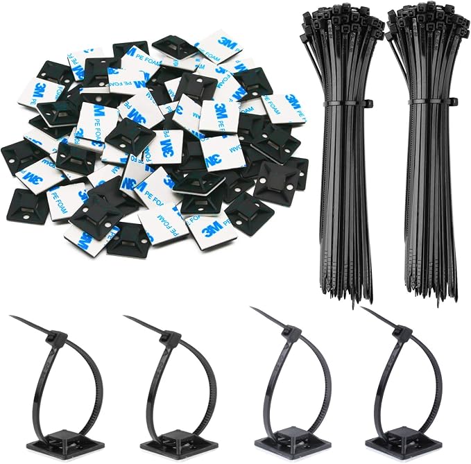 200 Pack 3/4" Zip Tie Adhesive Mounts Self Adhesive Cable Tie Base Holders with Multi-Purpose Tie wire clips with screw hole,Anchor stick on wire holder,Black
