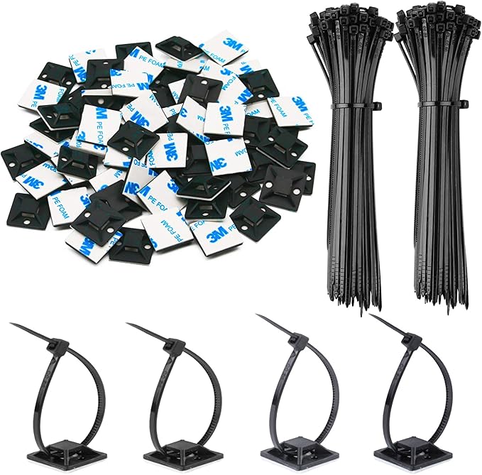 50 Pack 1.5 inch Zip Tie Adhesive Mounts Self Adhesive Cable Tie Base Holders with Multi-Purpose Tie wire clips with screw hole,Anchor stick on wire holder with 8 inch zip ties（Black）