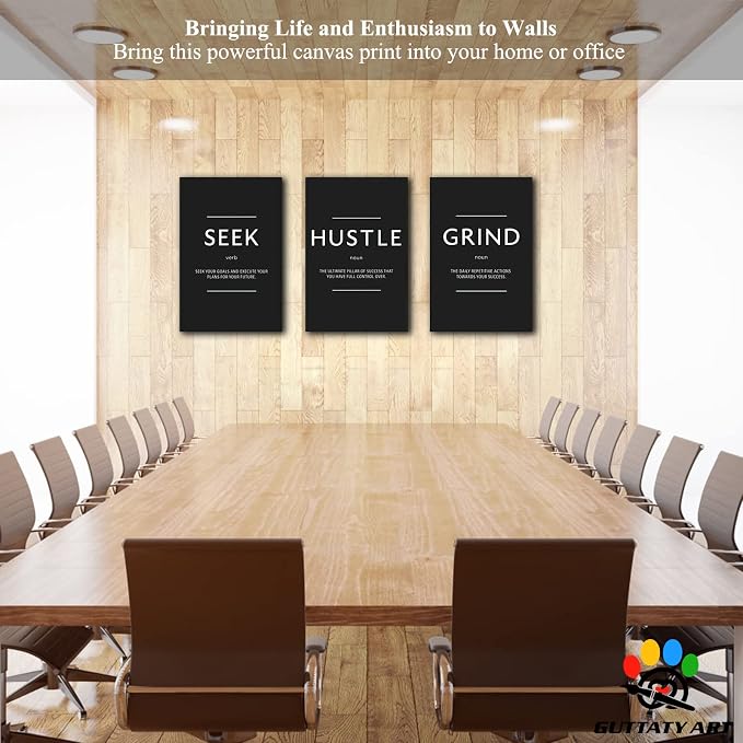 Office Wall Art - 3 Panel Motivational Wall Art, Inspirational Quotes Canvas Art for Home Office Wall Decor, Positive Quotes Wall Decor, Entrepreneur Grind Hustle Execution Poster Frame (20”x30”x3Pcs)