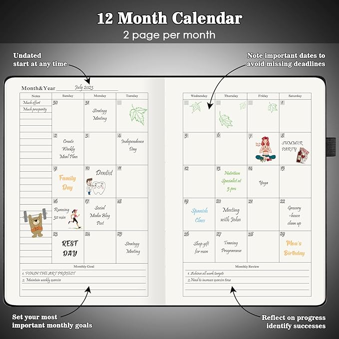Daily Planner Undated, Planners 2025-2026, 365 Day Planners, Work Planner for Men, Hourly Planner Notebook for Goal Setting, Appointment Agenda, Hardcover, Start Anytime, A5, Black