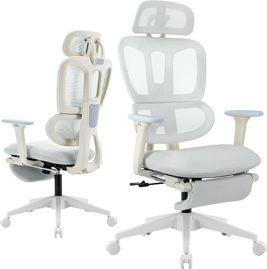 Ergonomic Office Chair with Retractable Footrest, Light Grey | High Back Design, Dynamic Lumbar Support, 2D Headrest & 2D Armrests, Breathable Mesh Back for Home Office