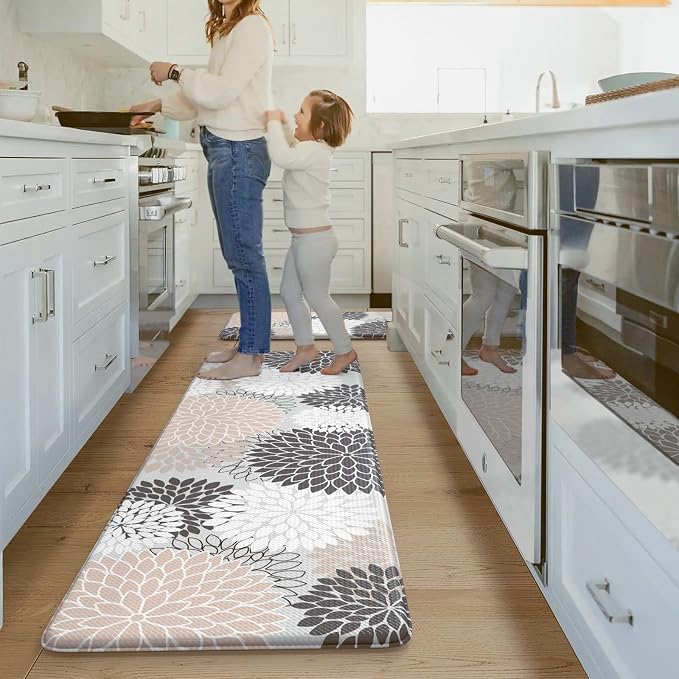 KIMODE Anti Fatigue Kitchen Mats for Floor 2PCS, Cushioned Standing Mats | 17"x47"+17"x29",Dahlia Floral,Pink Boho Floor Mats set of 2,Non Slip,Waterproof,Comfort Desk Mat for Sink Office Laundry home