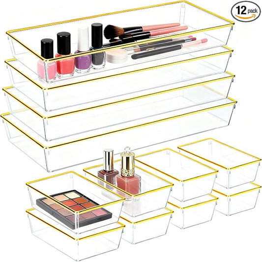 12 Pack Large Size Clear Stackable Drawer Organizer Trays, Gold Rim Makeup Drawer Storage Tray Divider, Desk Storage for Makeup, Jewelry, Bathroom, Stationary, Kitchen Utensils and Office Desk