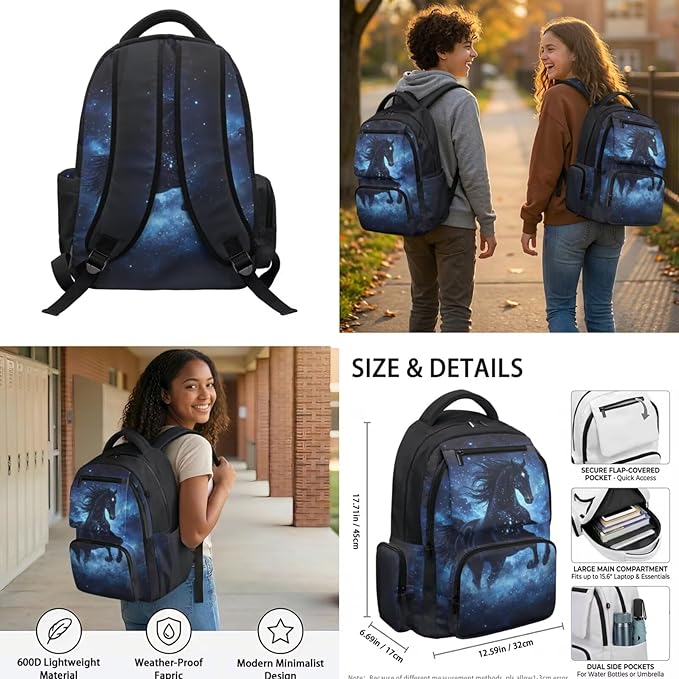 Horse Backpack with Lunch Bag for School Boys School Bags Large 17 Inch Lightweight Bookbags with Padded Zippered Pocket for Kids Teens Ages 8-10